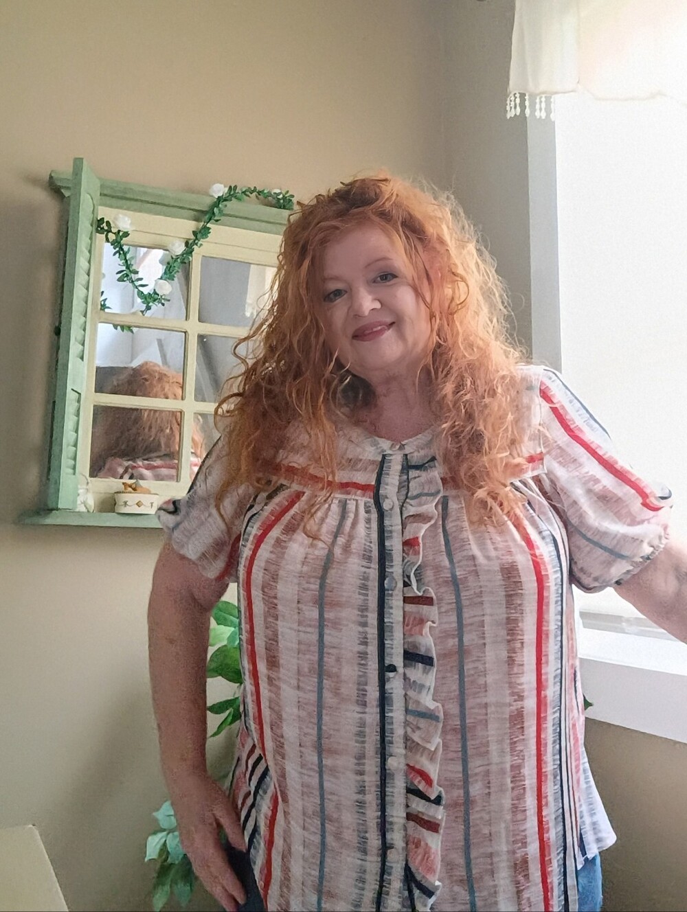 Posh Boutique Striped Button Front Smock Style Top; Red, Navy Blue, Rust & Cream - Picture 11 of 13